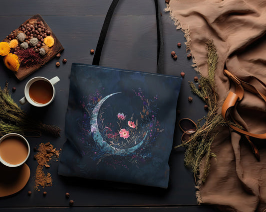 Crescent Moon & Wildflower Double Sided Tote Bag, Dark Cottagecore Design, Lunar Lover Gift, Enchanting Fashion Style, Black Handles