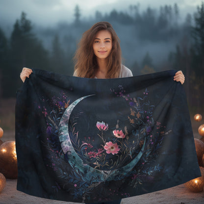 Crescent Moon & Wildflowers 2-Sided Throw Blanket, Witchy Occult Design, Moon Lover Gift, Enchanting Aesthetic Bedroom and Living Room Decor