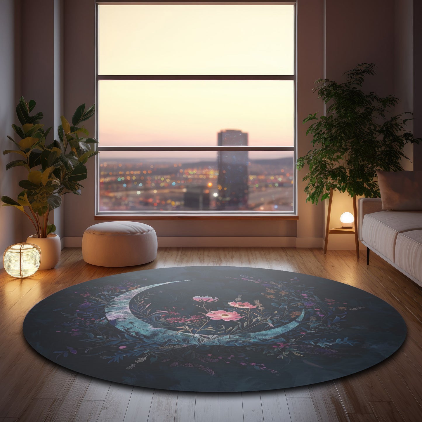 Crescent Moon & Wildflower Mandala Chenille Round Area Rug, Dark Occult Aesthetic, Lunar Lover Bedroom, Living Room and Meditation Space