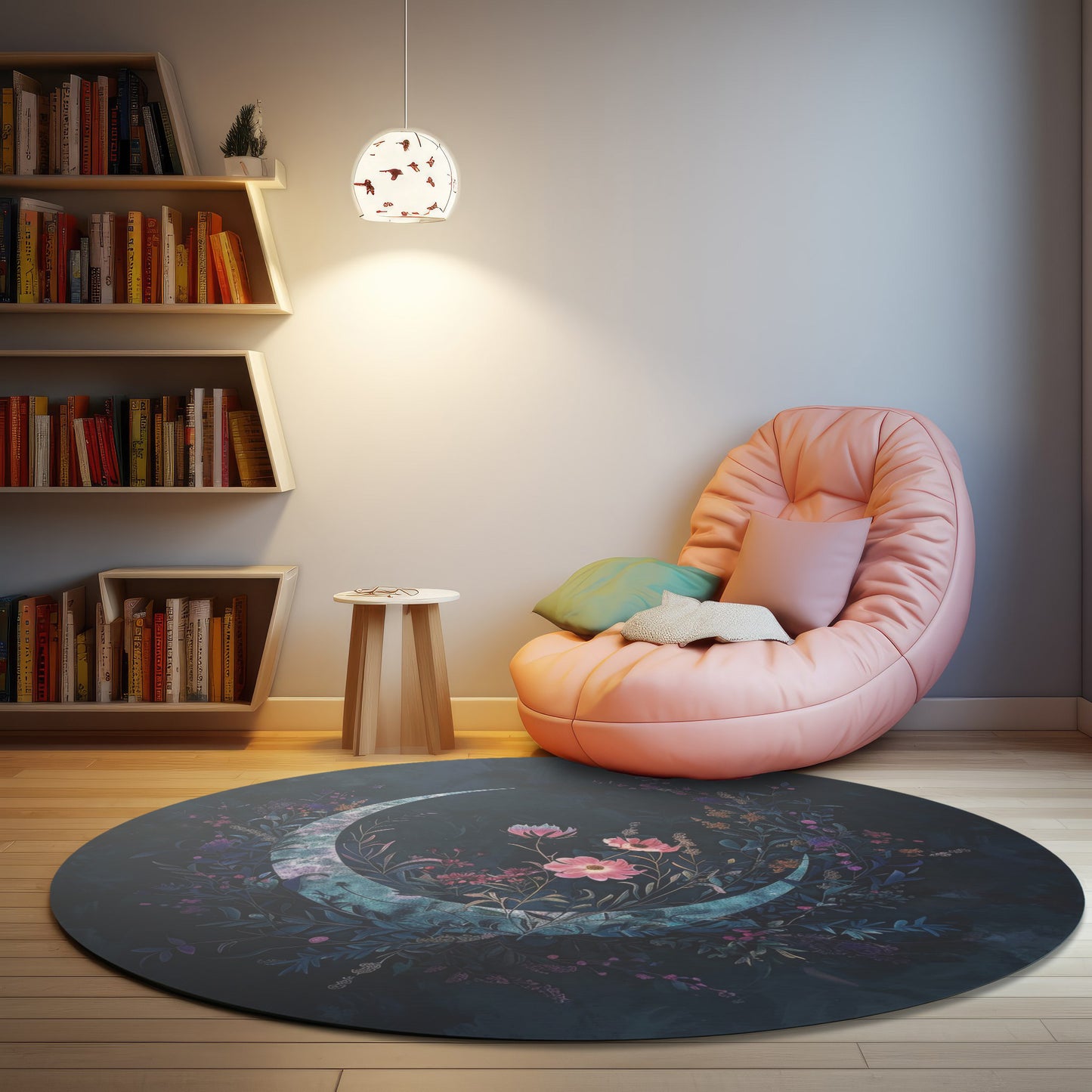 Crescent Moon & Wildflower Mandala Chenille Round Area Rug, Dark Occult Aesthetic, Lunar Lover Bedroom, Living Room and Meditation Space