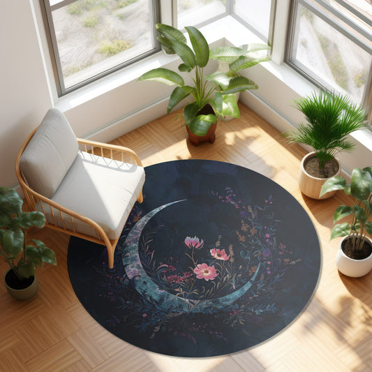 Crescent Moon & Wildflower Mandala Chenille Round Area Rug, Dark Occult Aesthetic, Lunar Lover Bedroom, Living Room and Meditation Space