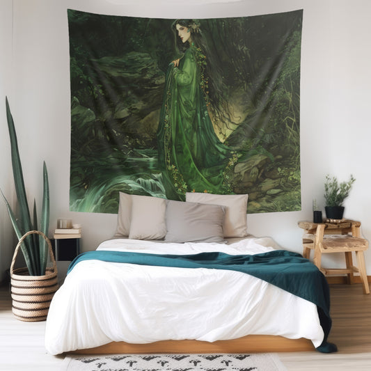 Danu’s Enchanted Forest Wall Tapestry, Celtic Mother Goddess Verdure, Mystical Woodland Scene, Enthralling Home Decor