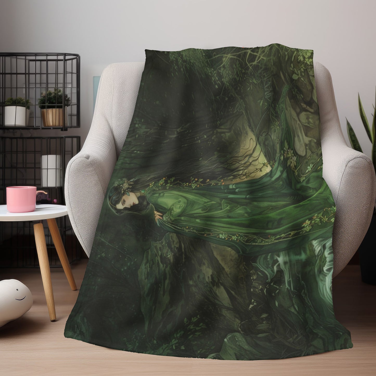 Danu's Enchanted Forest Double-Sided Throw Blanket, Celtic Mother Goddess Realm, Verdant Serenity, Luxurious Comfort