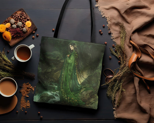 Danu’s Enchanted Forest Tote Bag, Dual-Sided Celtic Mother Goddess Design, Verdant Elegance, Mystical Carryall