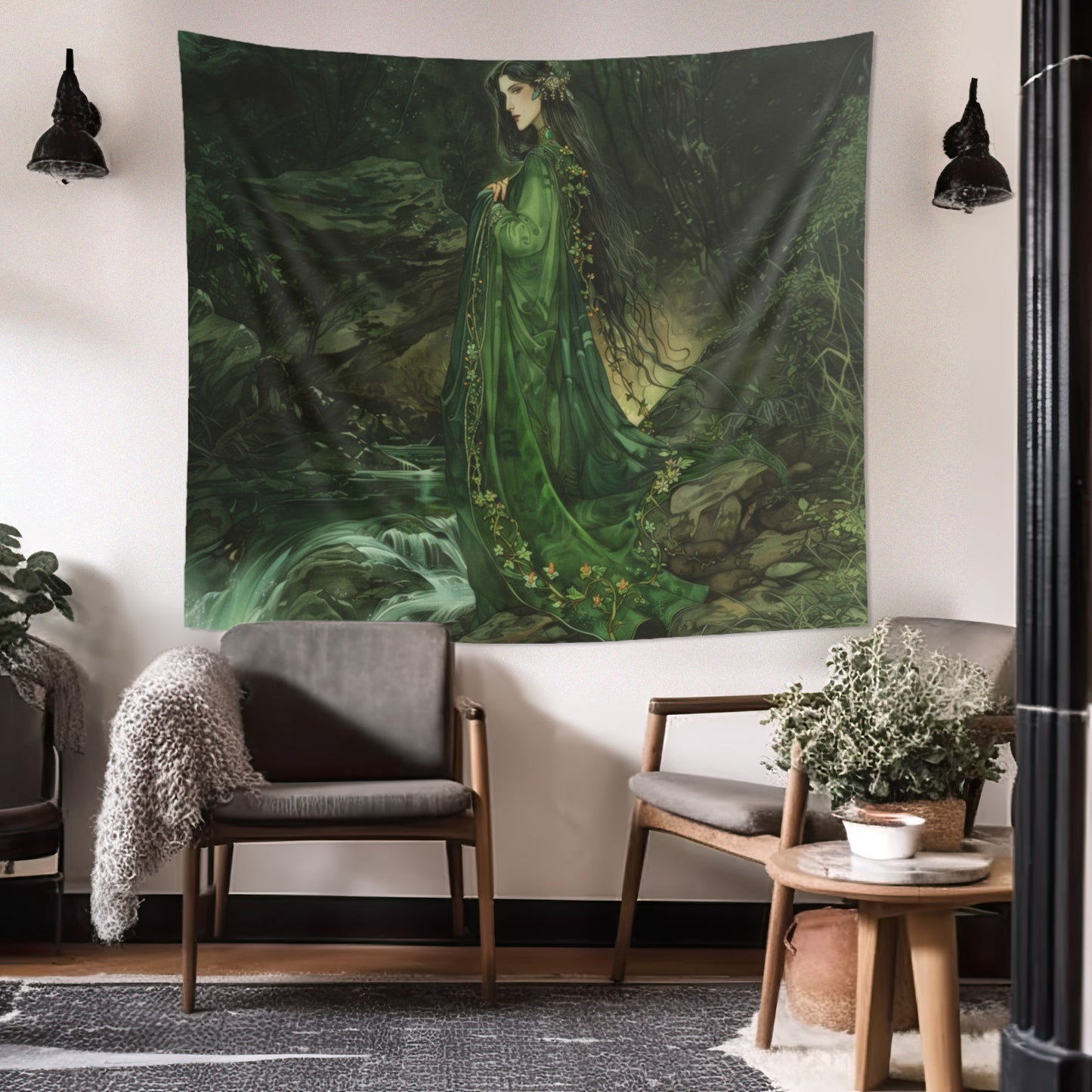 Danu’s Enchanted Forest Wall Tapestry, Celtic Mother Goddess Verdure, Mystical Woodland Scene, Enthralling Home Decor