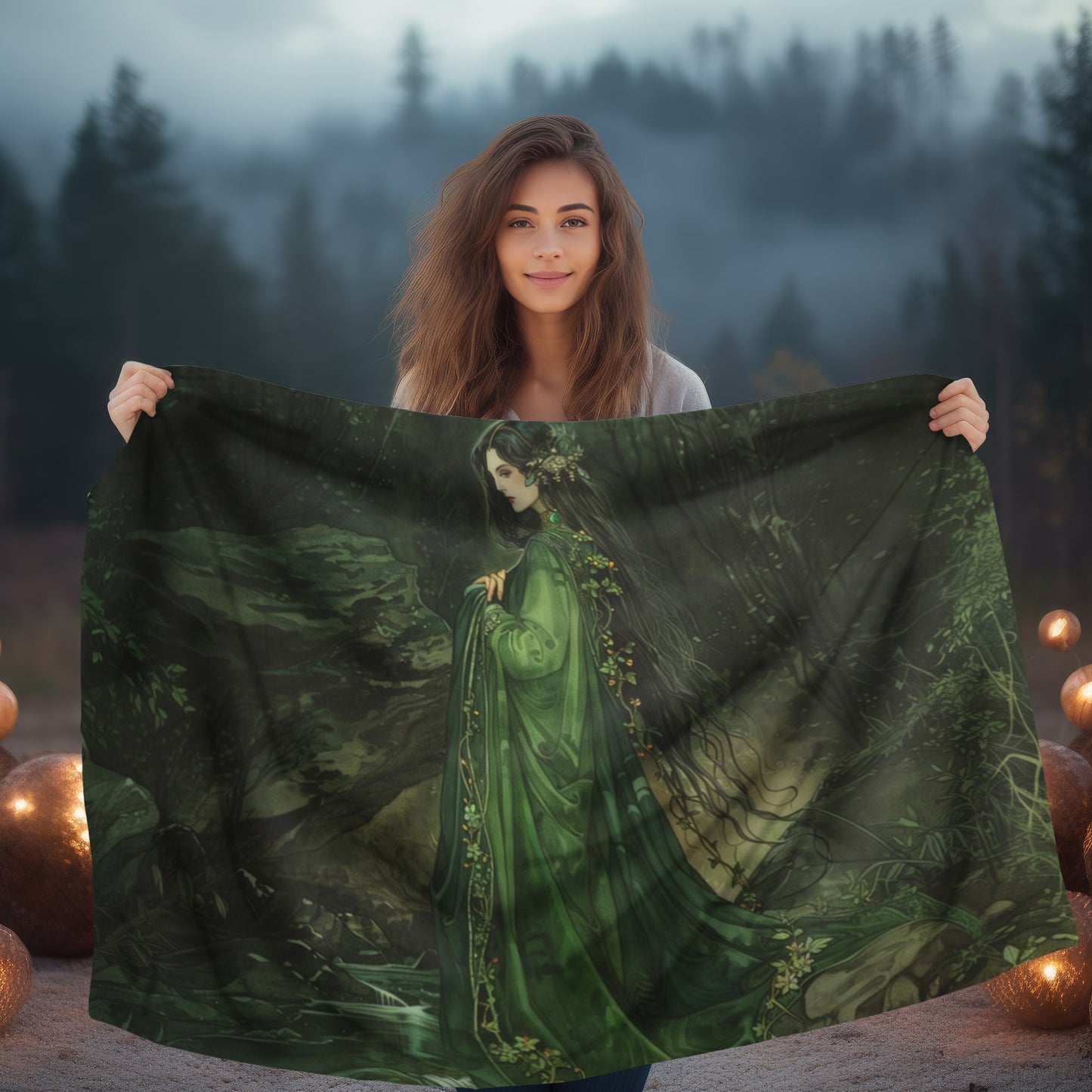 Danu's Enchanted Forest Double-Sided Throw Blanket, Celtic Mother Goddess Realm, Verdant Serenity, Luxurious Comfort