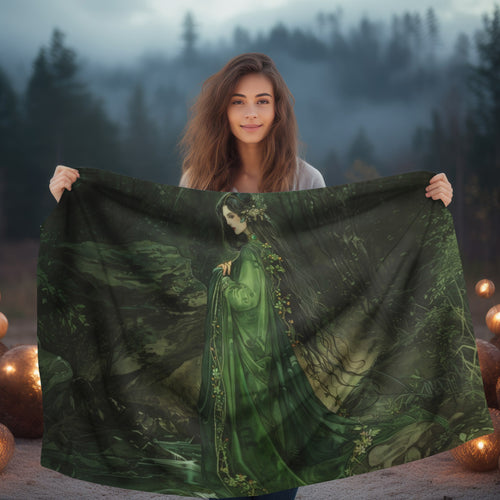 Danu's Enchanted Forest Double-Sided Throw Blanket, Celtic Mother Goddess Realm, Verdant Serenity, Luxurious Comfort