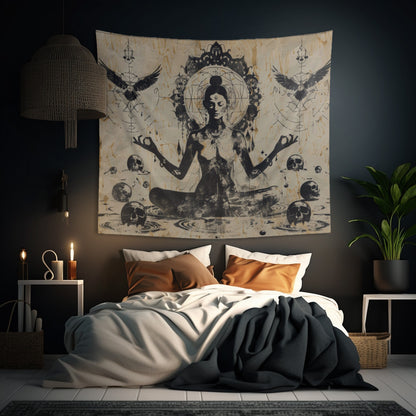 Death Goddess Indoor Wall Tapestry, Mysterious Occult Design, Sacred Geometry Aesthetic Enchanting Bedroom, Living, and Dorm Room Decor