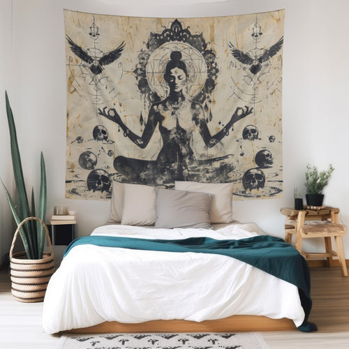 Death Goddess Indoor Wall Tapestry, Mysterious Occult Design, Sacred Geometry Aesthetic Enchanting Bedroom, Living, and Dorm Room Decor