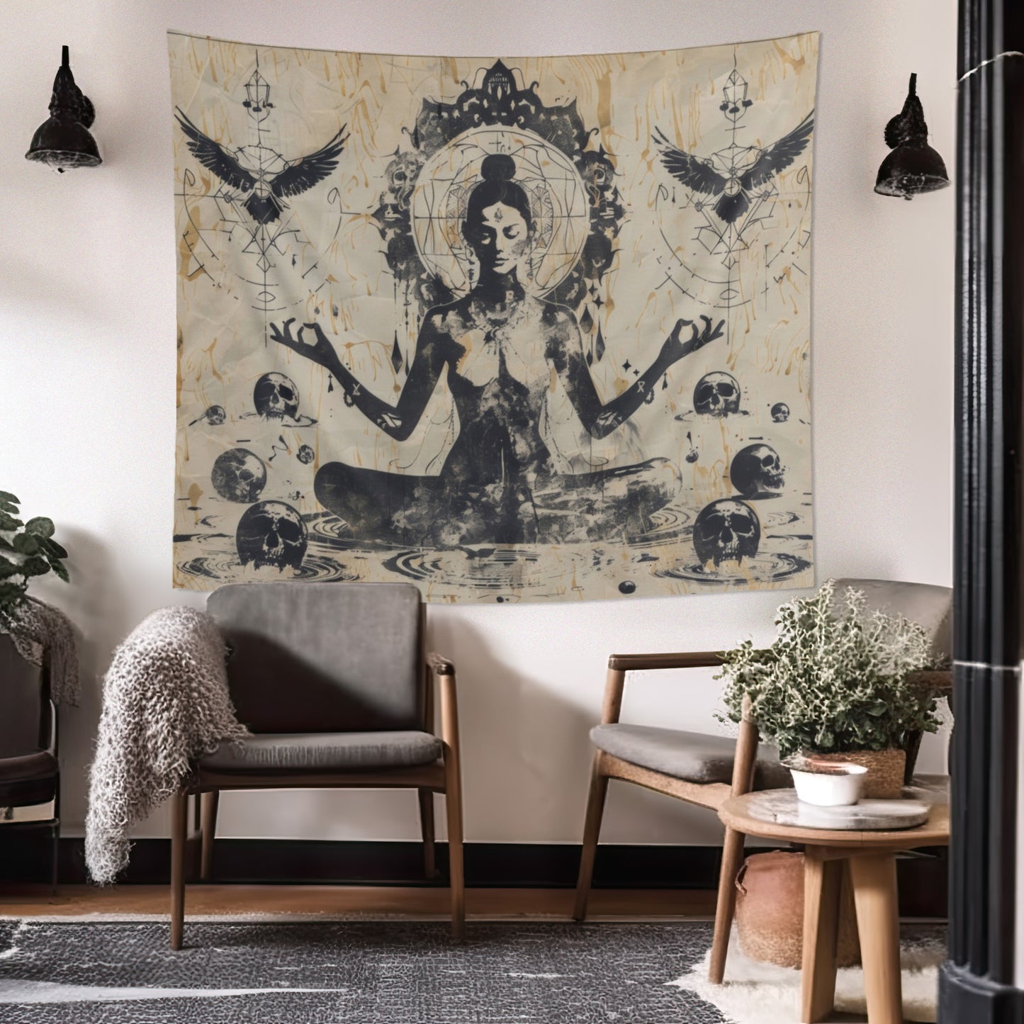 Death Goddess Indoor Wall Tapestry, Mysterious Occult Design, Sacred Geometry Aesthetic Enchanting Bedroom, Living, and Dorm Room Decor