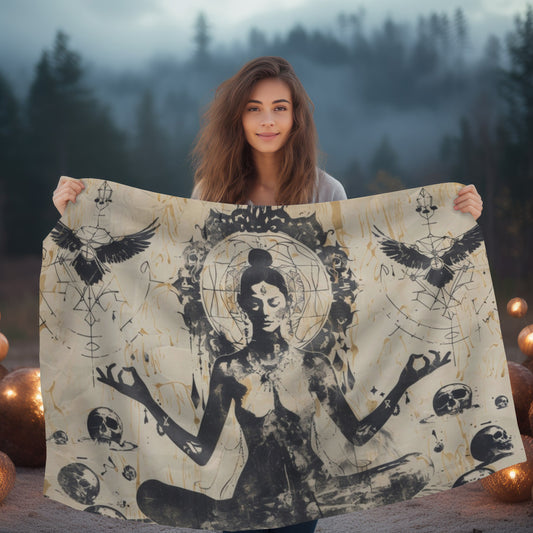 Death Goddess Two-Sided Throw Blanket, Mystical Occult Design, Sacred Geometry Aesthetic, Enchanting Bedroom and Living Room Decor