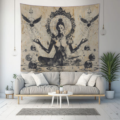 Death Goddess Indoor Wall Tapestry, Mysterious Occult Design, Sacred Geometry Aesthetic Enchanting Bedroom, Living, and Dorm Room Decor