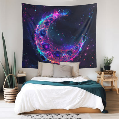 Vibrant Crescent Moon & Electric Mandala Wall Tapestry – Cosmic Harmony Decor for Home & Dorm