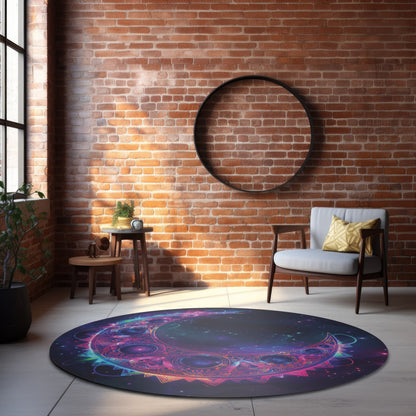 Electric Crescent Moon Chenille Round Area Rug, Vibrant Neon Glowing Lunar Aesthetic for Home