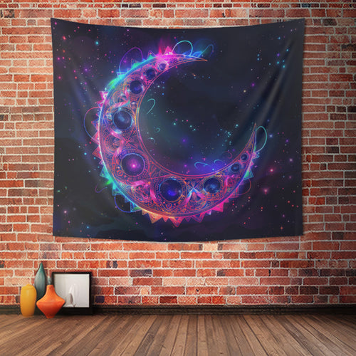 Vibrant Crescent Moon & Electric Mandala Wall Tapestry – Cosmic Harmony Decor for Home & Dorm