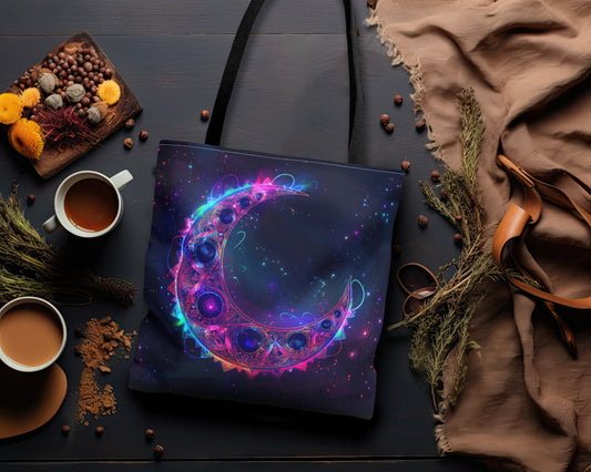 Electric Neon Crescent Moon Double-Sided Tote Bag – Dark Cottagecore Fashion with Electric Accent, Ideal for Lunar Enthusiasts