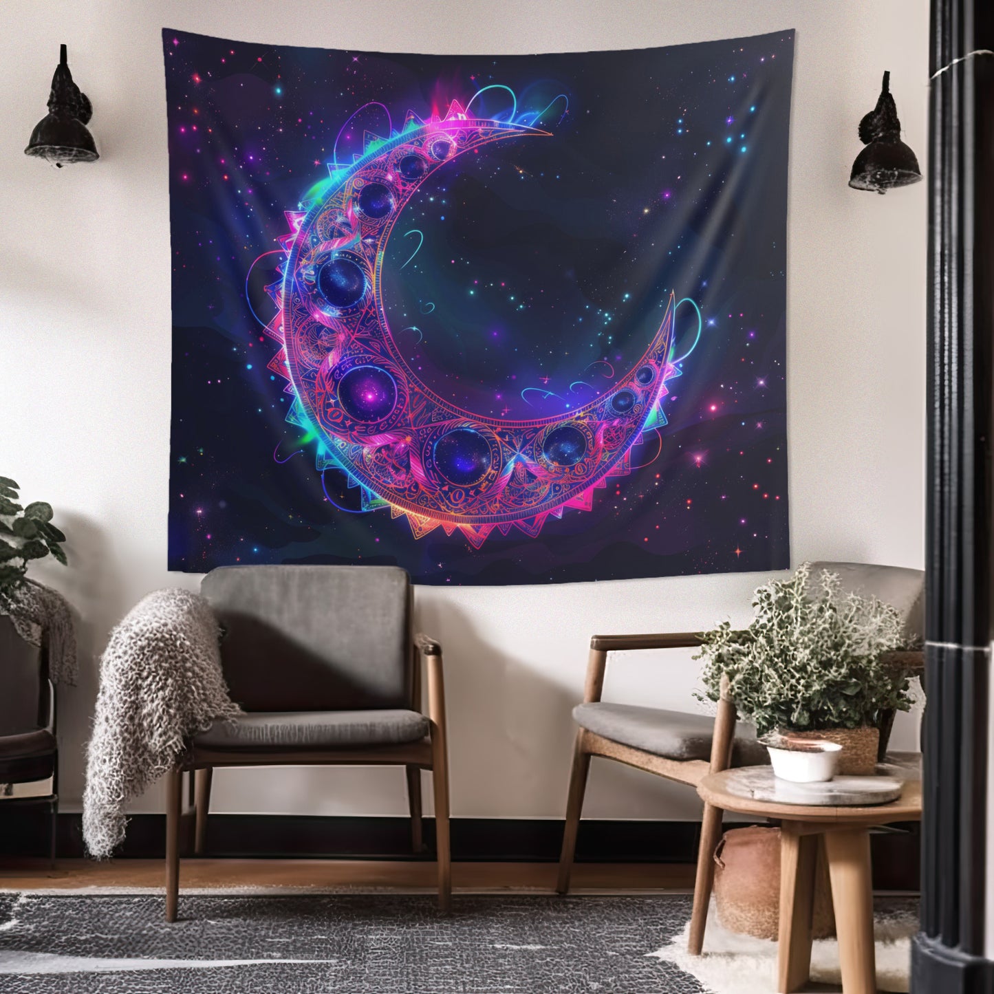 Vibrant Crescent Moon & Electric Mandala Wall Tapestry – Cosmic Harmony Decor for Home & Dorm