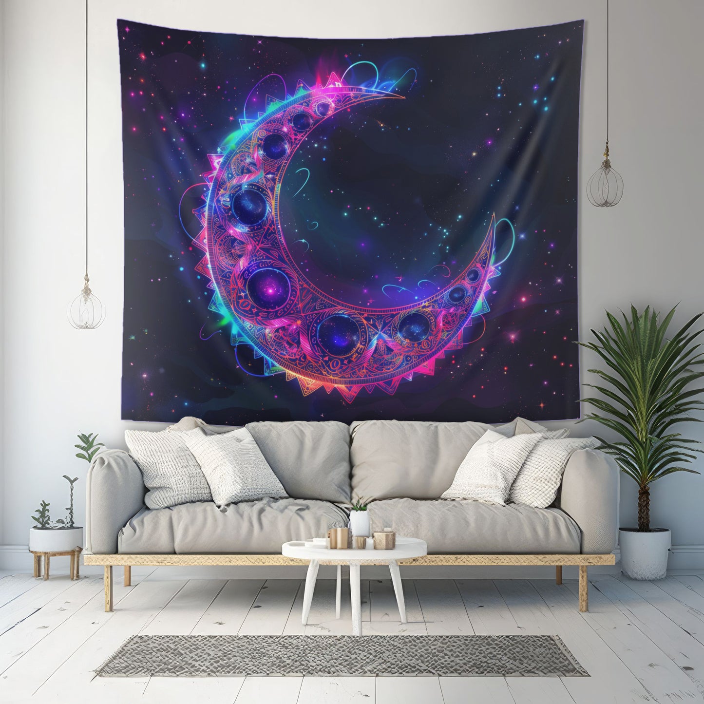 Vibrant Crescent Moon & Electric Mandala Wall Tapestry – Cosmic Harmony Decor for Home & Dorm