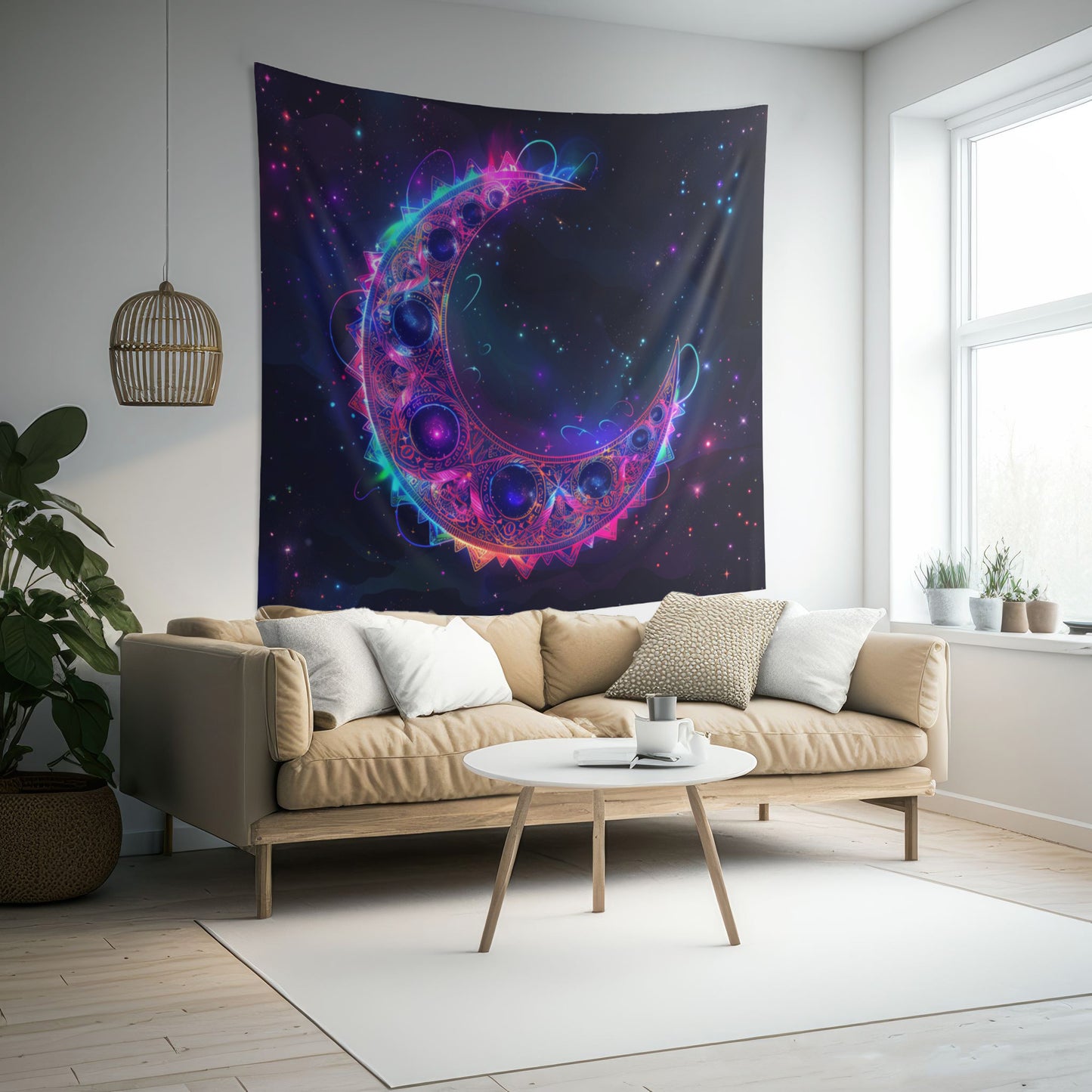 Vibrant Crescent Moon & Electric Mandala Wall Tapestry – Cosmic Harmony Decor for Home & Dorm