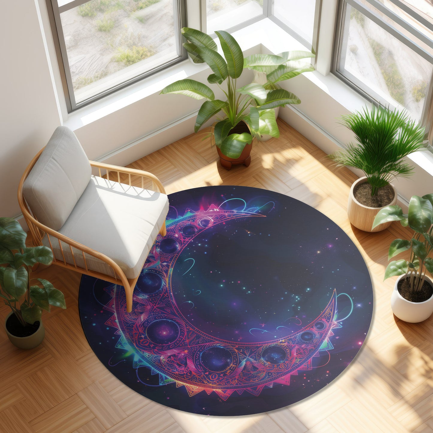 Electric Crescent Moon Chenille Round Area Rug, Vibrant Neon Glowing Lunar Aesthetic for Home