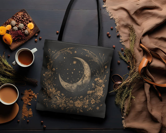 Faded Crescent Moon & Wildflower Mandala Polyester Tote Bag (2-Sided), Dark Cottagecore Design, Witchy Style Fashion, 3 Sizes, Black Handles