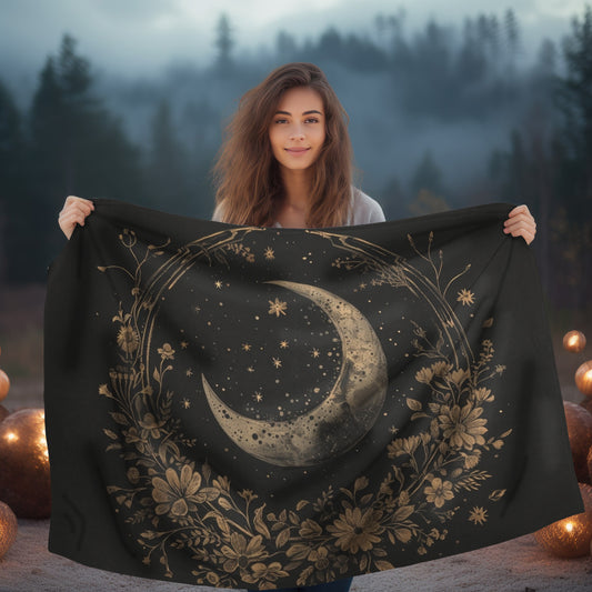 Faded Crescent Moon & Wildflower Mandala Double Sided Throw Blanket, Dark Cottagecore Design, Witchy Lunar Lover Room Home Decor