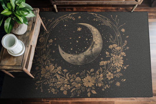 Faded Crescent Moon & Wildflower Mandala Polyester Chenille Area Rug (3 Sizes), Dark Cottagecore Design, Witchy Lunar Aesthetic Room Decor