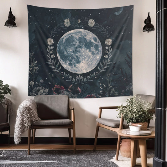 Full Moon & Wildflower Indoor Wall Tapestry, Dark Cottagecore Design, Lunar Lover Gift, Enchanting Decor