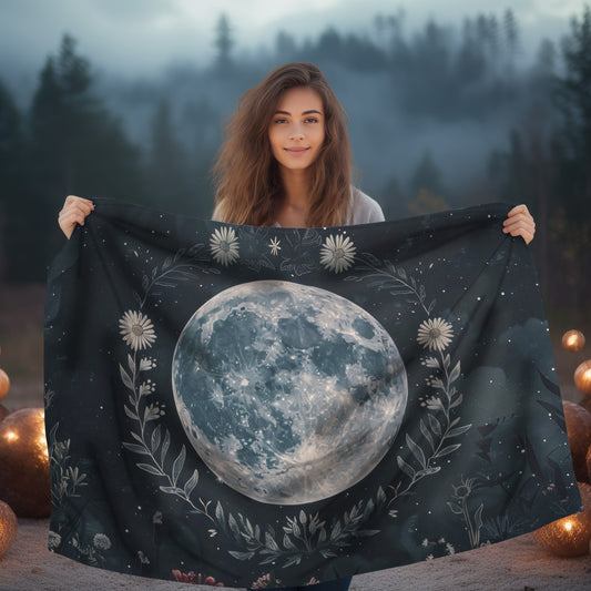 Full Moon & Wildflowers Double Sided Throw Blanket, Witchy Occult Design, Nature Lover Gift, Enchanting Aesthetic Bedroom and Living Room Decor