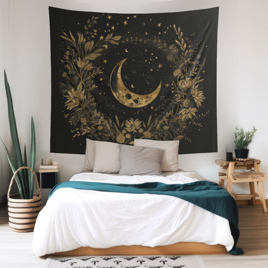 Gold Crescent Moon & Wildflower Mandala Indoor Wall Tapestry, Dark Cottagecore Design, Nature Aesthetic Bedroom, Living, and Dorm Room Decor