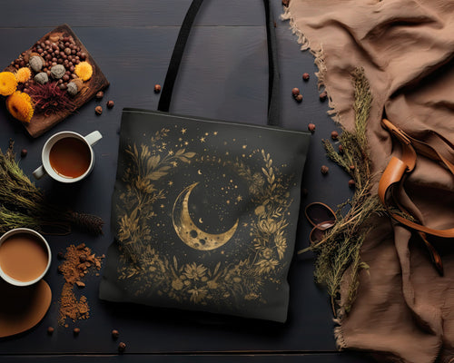 Gold Crescent Moon & Wildflower Mandala Polyester Tote Bag (2-Sided), Dark Cottagecore Design, Witchy Style Fashion, 3 Sizes, Black Handles