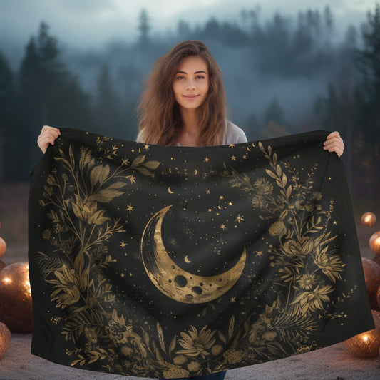 Gold Crescent Moon & Wildflower Mandala Double Sided Throw Blanket, Dark Cottagecore Design, Lunar Lover Room Home Decor