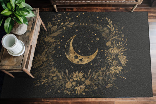 Gold Crescent Moon & Wildflower Mandala Polyester Chenille Area Rug (3 Sizes), Dark Cottagecore Design, Witchy Lunar Aesthetic Room Decor