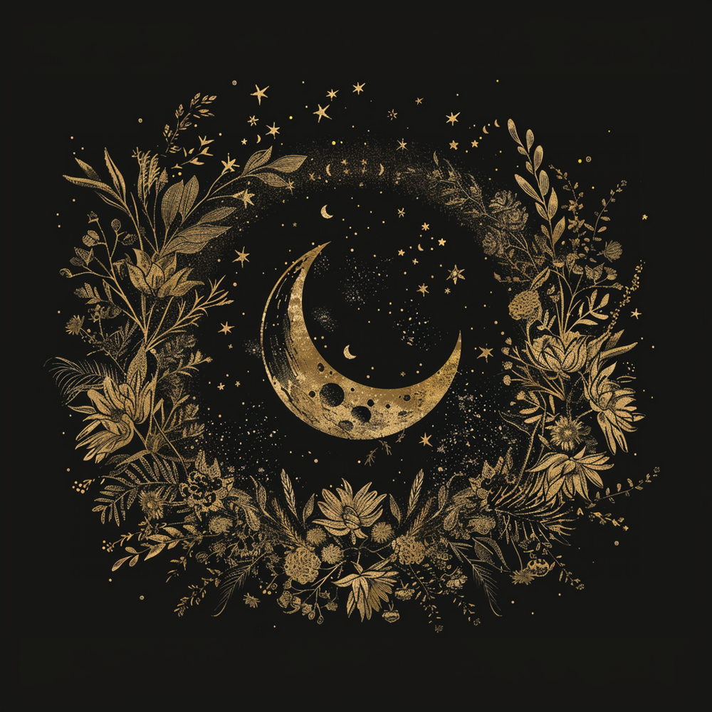 Gold Crescent Moon & Wildflower Mandala Indoor Wall Tapestry, Dark Cottagecore Design, Nature Aesthetic Bedroom, Living, and Dorm Room Decor