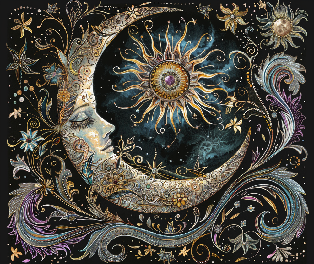 Crescent Moon & Sun Indoor Wall Tapestry – Mystical Art Nouveau and Folk Decor for Home
