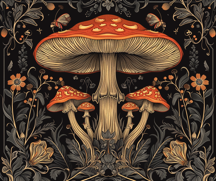 Cover image for Mushrooms & Wildflowers Chenille Round Area Rug, Mystical Folk Design, Dark Cottagecore Bedroom, Living and Meditation Space Decor