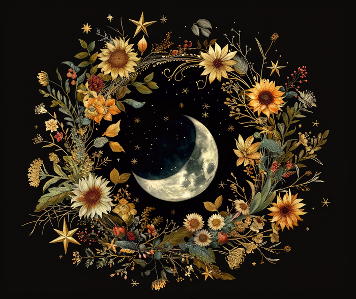 Cover image for Crescent Moon & Wildflower Mandala Polyester Chenille Area Rug (3 Sizes), Dark Cottagecore Design, Witchy Lunar Aesthetic Room Decor
