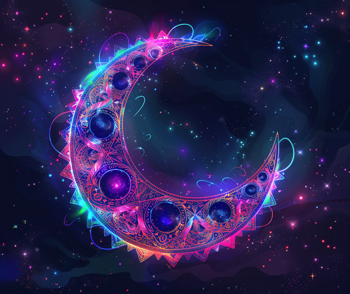 Cover image for Electric Crescent Moon Chenille Round Area Rug, Vibrant Neon Glowing Lunar Aesthetic for Home
