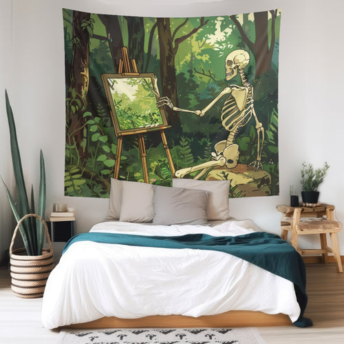 Skeleton Painting Landscape Indoor Wall Tapestry, Dark Cottagecore Design, Gothic Folk Aesthetic Enchanting Bedroom, Living, and Dorm Room Decor