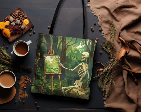 Skeleton Painting Landscape Polyester Tote Bag (Double Sided), Dark Cottagecore Design, Gothic Folk Style Fashion, 3 Sizes, Black Handles