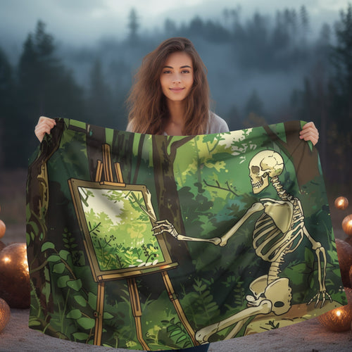 Skeleton Painting Landscape Throw Blanket (3 Sizes), Dark Cottagecore Design, Gothic Folk Aesthetic Bedroom, Living, and Dorm Room Decor