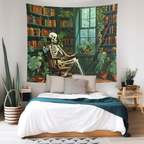 Skeleton Reading in Library Indoor Wall Tapestry, Cottagecore Design, Gothic Folk Aesthetic Enchanting Bedroom, Living, and Dorm Room Decor