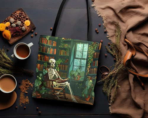 Skeleton Reading in Library Polyester Tote Bag (Double Sided), Cottagecore Design, Gothic Folk Style Fashion, 3 Sizes, Black Handles