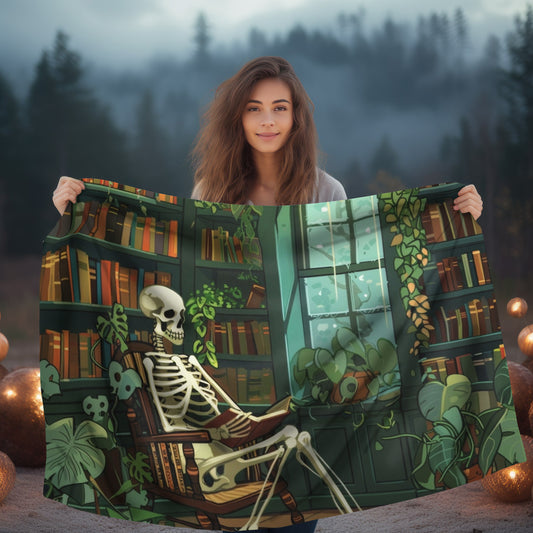 Skeleton Reading in Library Double Sided Throw Blanket (3 Sizes), Cottagecore Design, Gothic Folk Aesthetic Bedroom, Living, and Dorm Room Decor