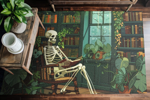 Skeleton Reading in Library Chenille Area Rug (3 Sizes), Cottagecore Design, Gothic Folk Aesthetic Bedroom, Living, and Dorm Room Decor