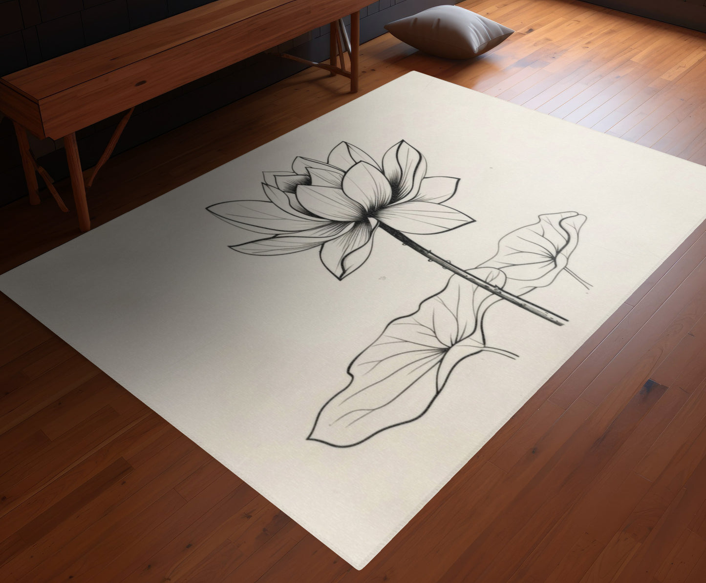 Lotus Flower Line Art Chenille Area Rug, Elegant Botanical Illustration, Peaceful Zen Decor for Yoga Space, Bedroom, or Living Area