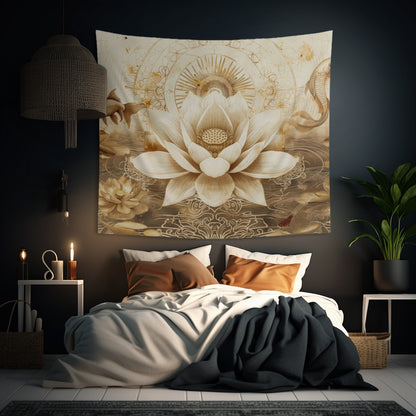 White Lotus Blossom Indoor Wall Tapestry, Ancient Occult Aesthetic Altar Cloth, Zen Nature Style Living, Dorm & Bed Room Decor