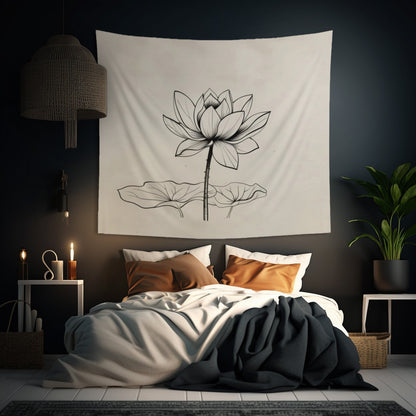 Lotus Flower Line Art Wall Tapestry, Elegant Botanical Illustration, Peaceful Zen Decor for Yoga Space, Bedroom, or Living Area