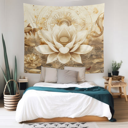 White Lotus Blossom Indoor Wall Tapestry, Ancient Occult Aesthetic Altar Cloth, Zen Nature Style Living, Dorm & Bed Room Decor