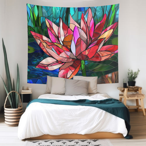 Stained Glass Lotus Flower Wall Tapestry, Radiant Botanical Design, Serene Ambiance Enhancer for Meditation and Living Spaces, Home Decor